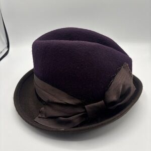 Albertus Swanepoel New York 100% Wool Hat Purple Brown Bucket Fedora Cloche Bow